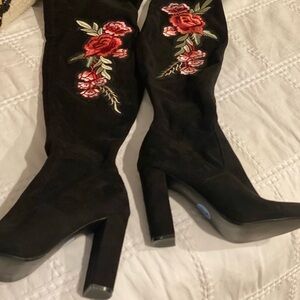 Embroidered Black Over-the-Knee Boots